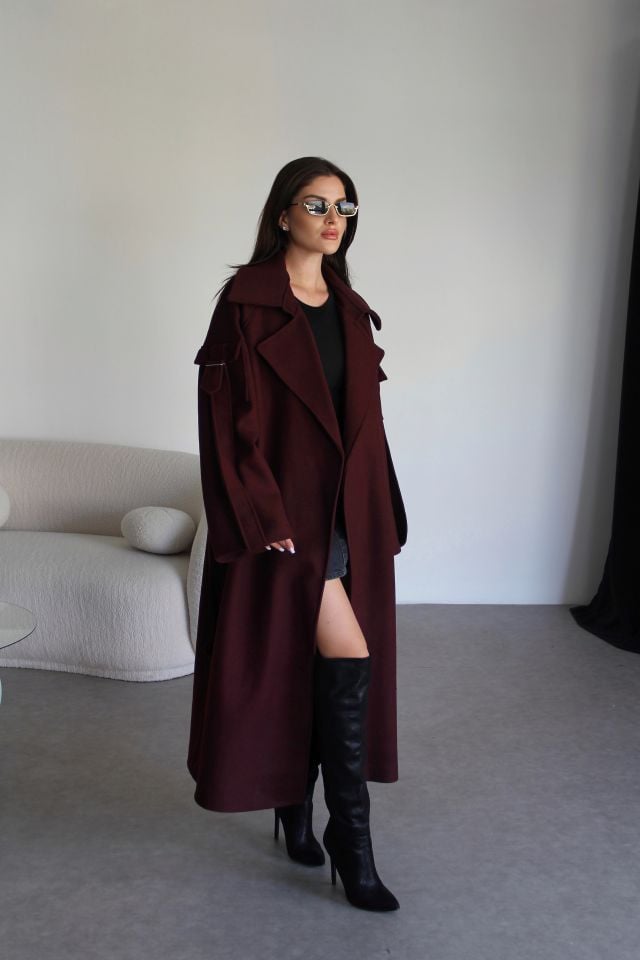Bordo Kuşaklı Kol Detaylı Astarlı Premium Uzun Kaban