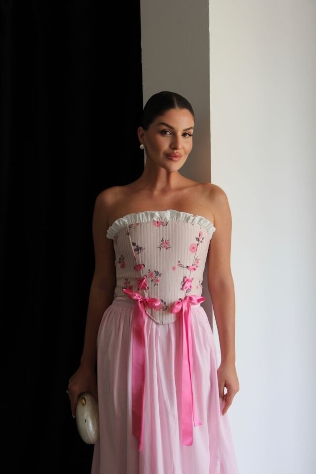 Pembe Kurdele Detaylı Çiçek Desenli Premium Korse Bluz