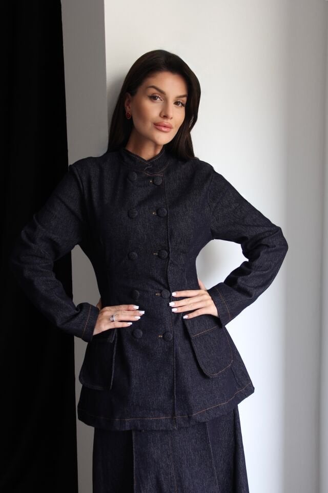 Koyu Lacivert Düğme Detaylı Blazer Ceket ve Maxi Uzun Etek Alt Üst Premium Denim Takım