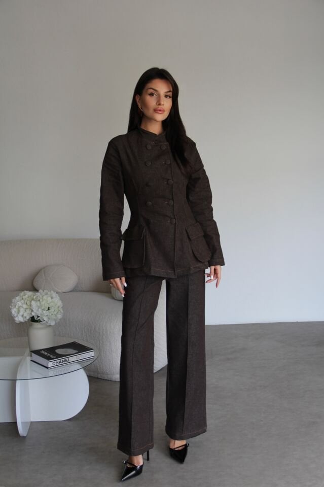 Kahve Düğme Detaylı Blazer Ceket ve Pantolon Alt Üst Premium Denim Takım