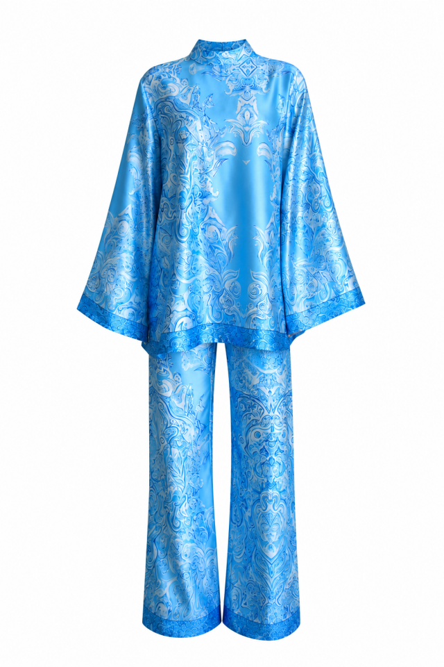 Mavi Desenli Oversize Bluz ve Pantolon Alt Üst Premium Saten Takım(ÖN SİPARİŞ:17 HAZİRAN)