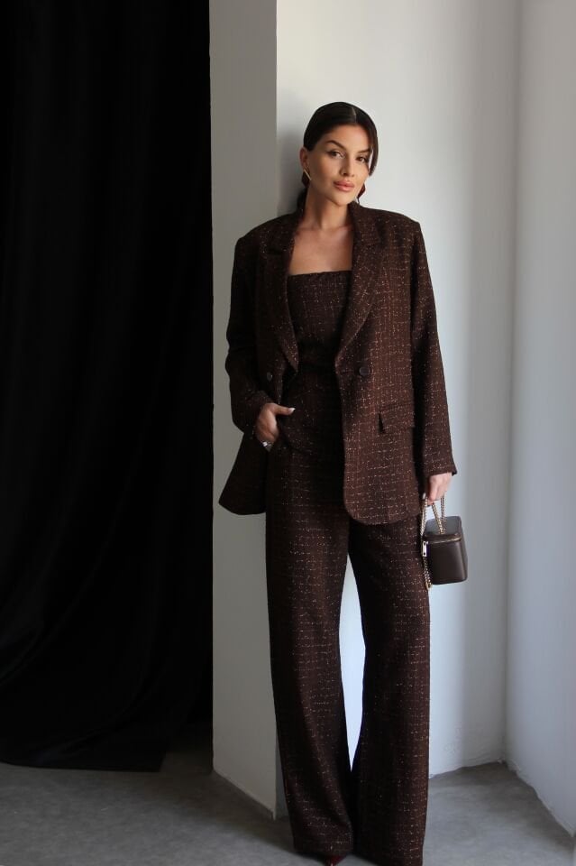 Kahve Crop Bluz, Ceket ve Palazzo Pantolonu 3'lü Premium Simli Tüvit Takım