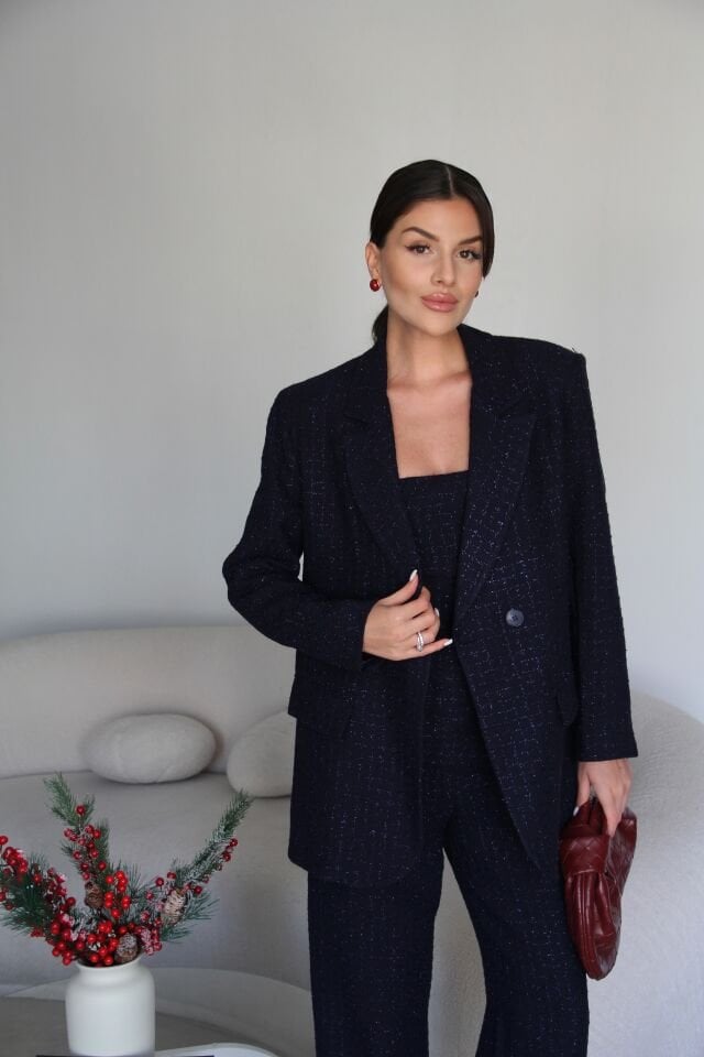 Lacivert Crop Bluz, Ceket ve Palazzo Pantolonu 3'lü Premium Simli Tüvit Takım