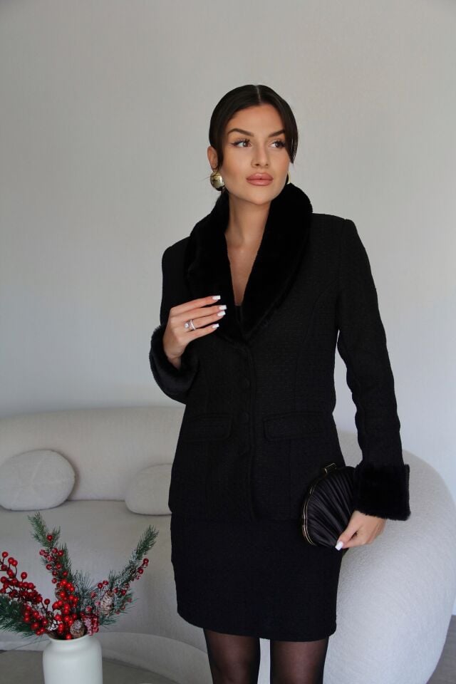 Kolları Kürk Detaylı Ceket ve Mini Etekli Premium Tasarım Tüvit Takım