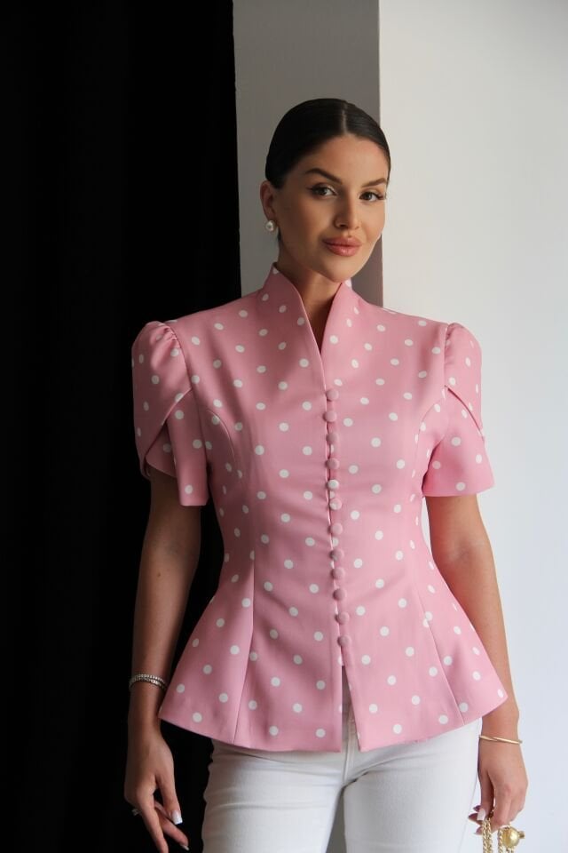 Pembe Düğme Detaylı Vatkalı Astarlı Tasarım Premium Puantiyeli Blazer Ceket