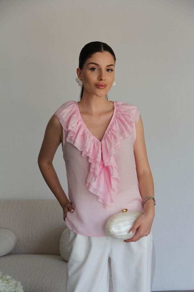 Pembe Bağlamalı Fırfırlı Kolsuz Bluz