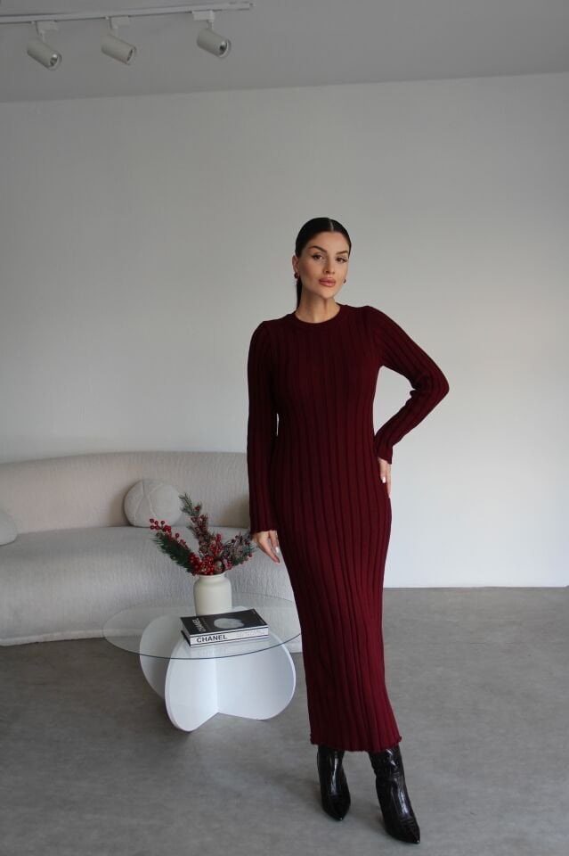 Bordo Bisiklet Yaka Maxi Uzun Boy Triko Elbise