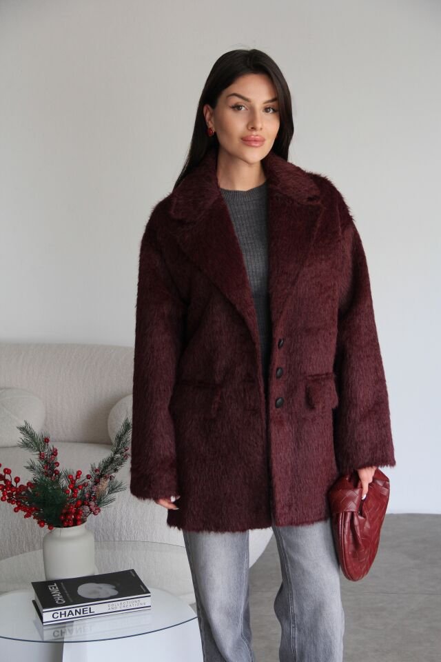 Bordo Özel Dokulu(Sakallı) Çift Cepli Oversize Premium Blazer Kaşe Ceket