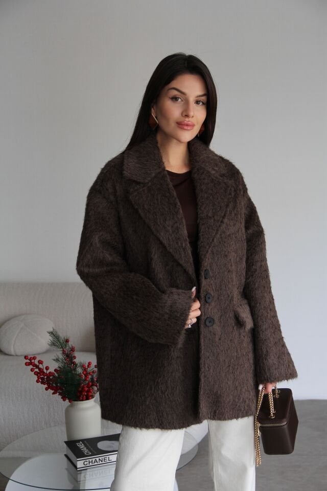 Kahve Özel Dokulu(Sakallı) Çift Cepli Oversize Premium Blazer Kaşe Ceket