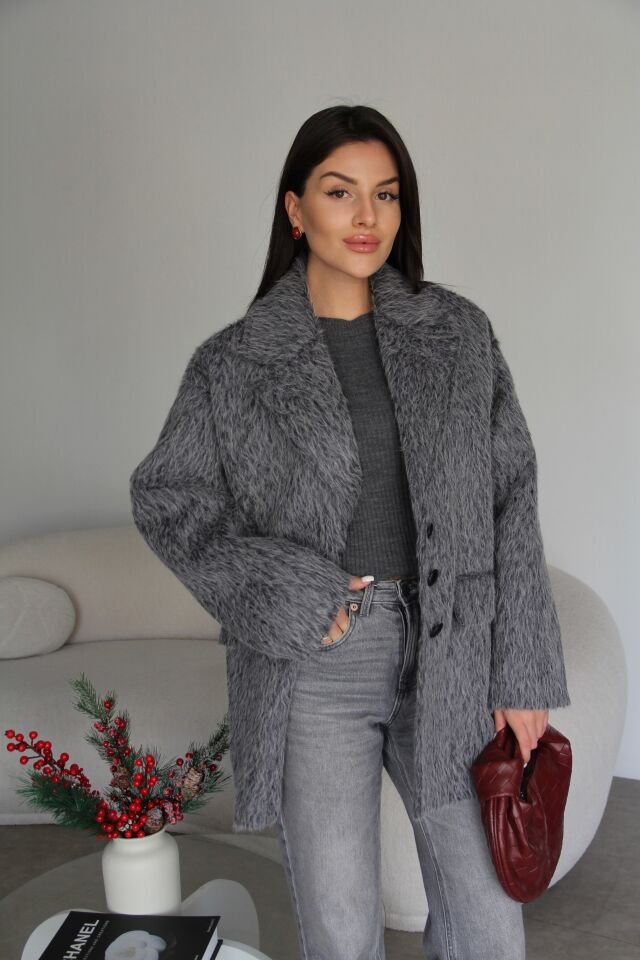 Gri Özel Dokulu(Sakallı) Çift Cepli Oversize Kaşe Kaban