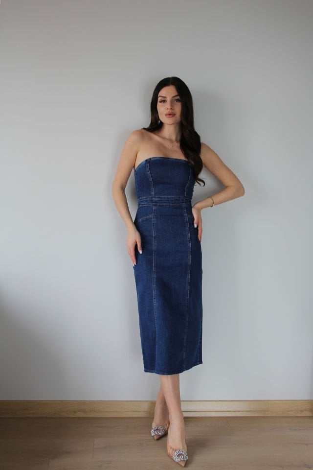 Koyu Lacivert  Straplez Yaka Dar Kesim Yırtmaçlı Premium Denim Elbise