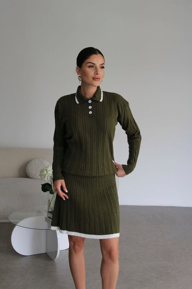 Mint Yeşil Polo Yakalı Düğmeli Kazak ve Mini Etek Alt Üst Triko Takım