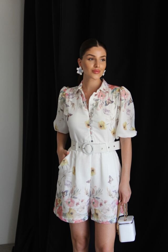 Çiçek Desenli KEMERLİ Düğme Detaylı Astarlı Mini Premium Keten Tulum