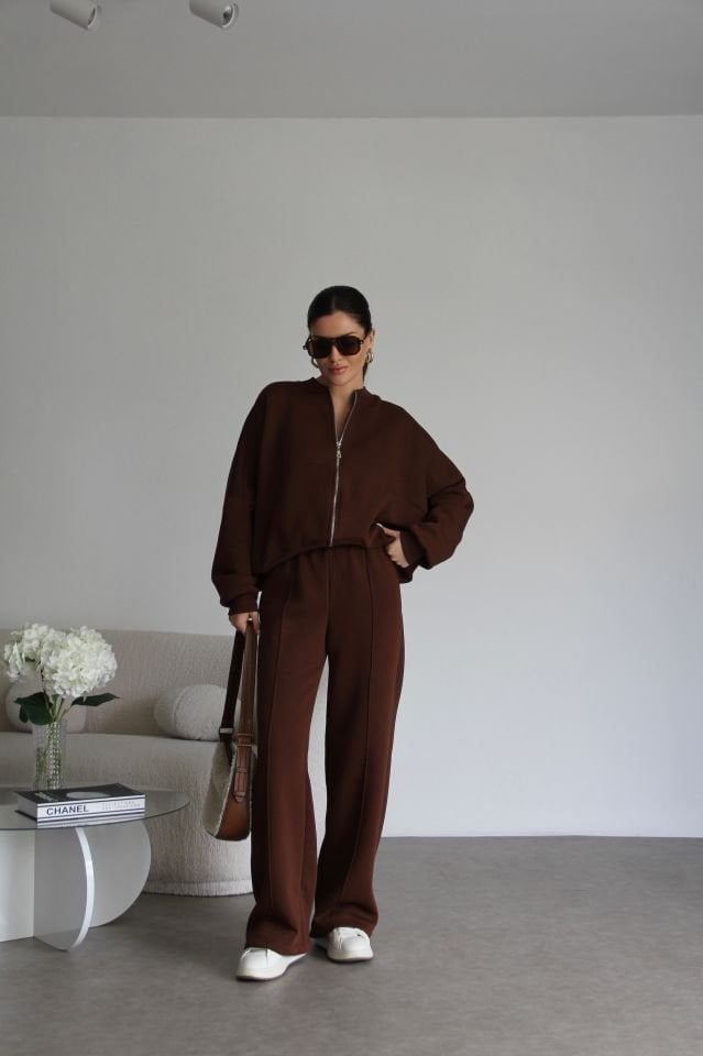 Kahve Fermuarlı Şardonlu Alt Üst Premium Eşofman Takımı