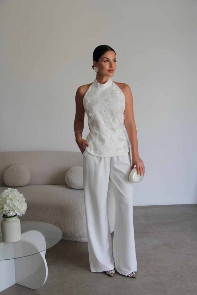 Çiçek Detaylı Bluz ve Pantolon Premium Alt Üst Takım