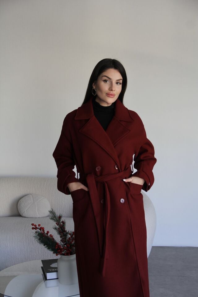 Bordo kuşaklı oversize astarlı kaşe kaban