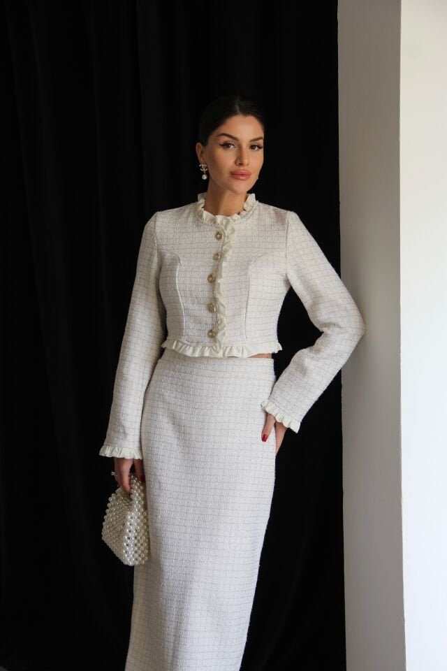 Ekru simli gold düğmeli astarlı tüvit takım