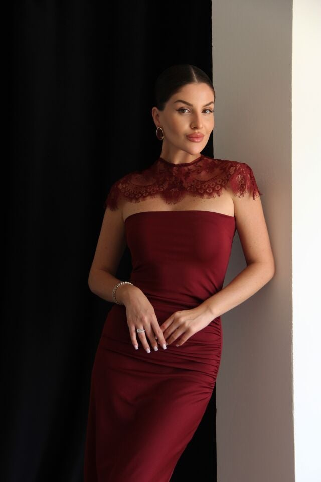 Bordo Dantel Pelerin Detaylı Maxi Uzun Boy Premium Bodycon Elbise
