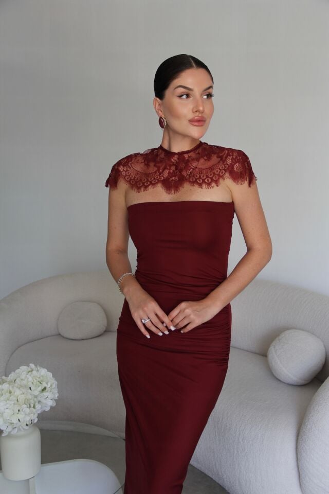 Dantel Pelerin Detaylı Bodycon Bordo Elbise