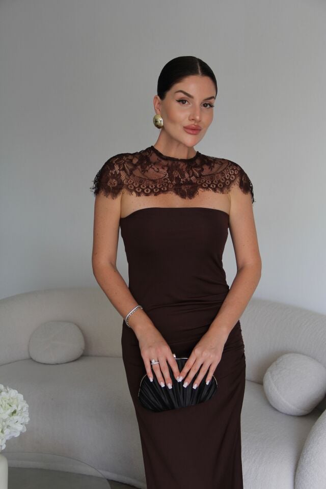 Dantel Pelerin Detaylı Bodycon Kahve Elbise