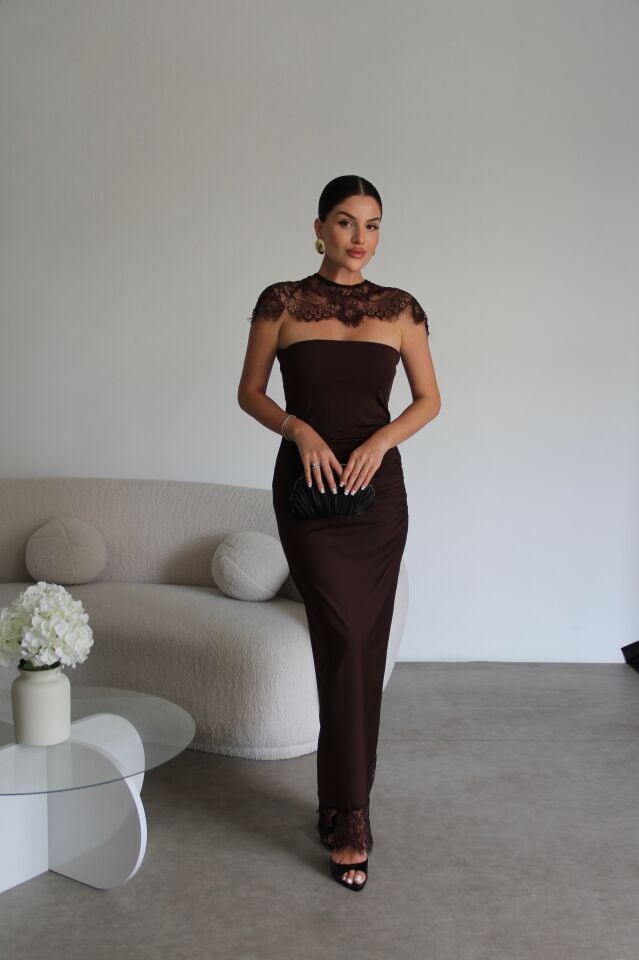 Kahve Dantel Pelerin Detaylı Maxi Uzun Boy Premium Bodycon Elbise