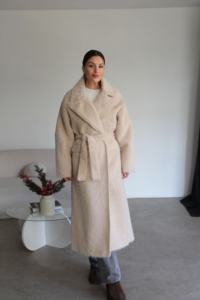 Bej Özel Dokulu Kuşaklı Oversize(BOL) Astarlı Premium Uzun Yün Kaban