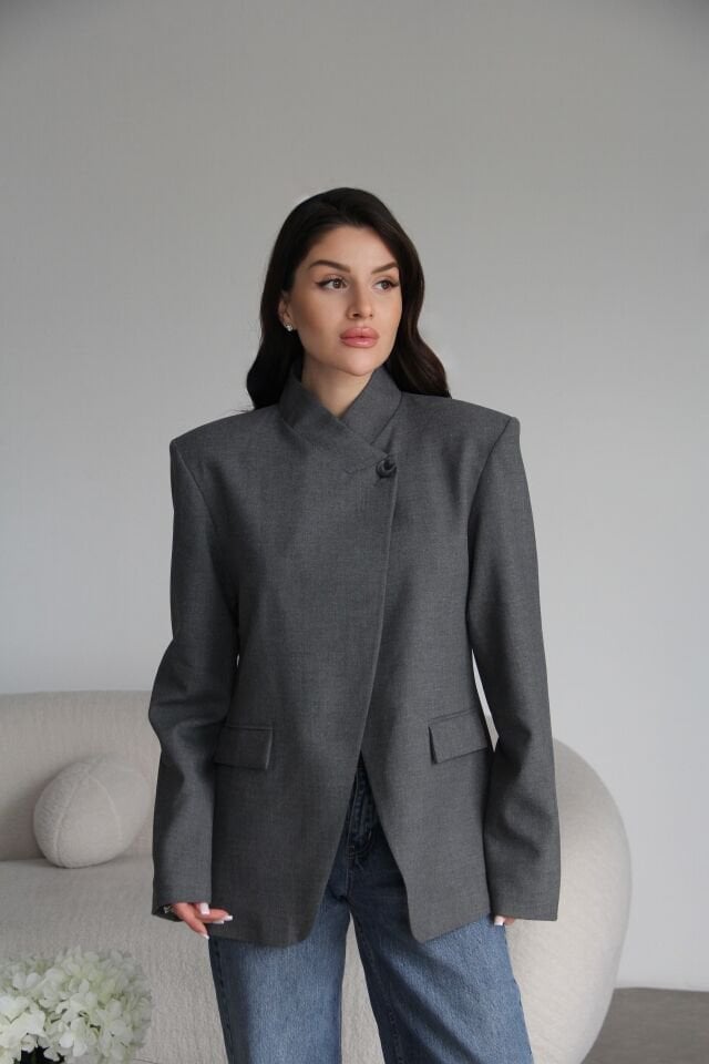Gri Tek Düğme Detaylı Asimetrik Yaka Premium Tasarım Blazer Ceket