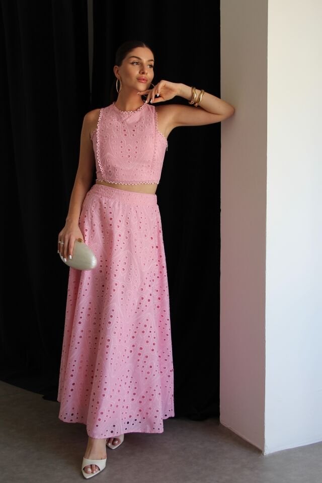 Brode Kumaş Dantel Detaylı Crop Bluz ve Maxi Uzun Etek Alt Üst Premium Takım