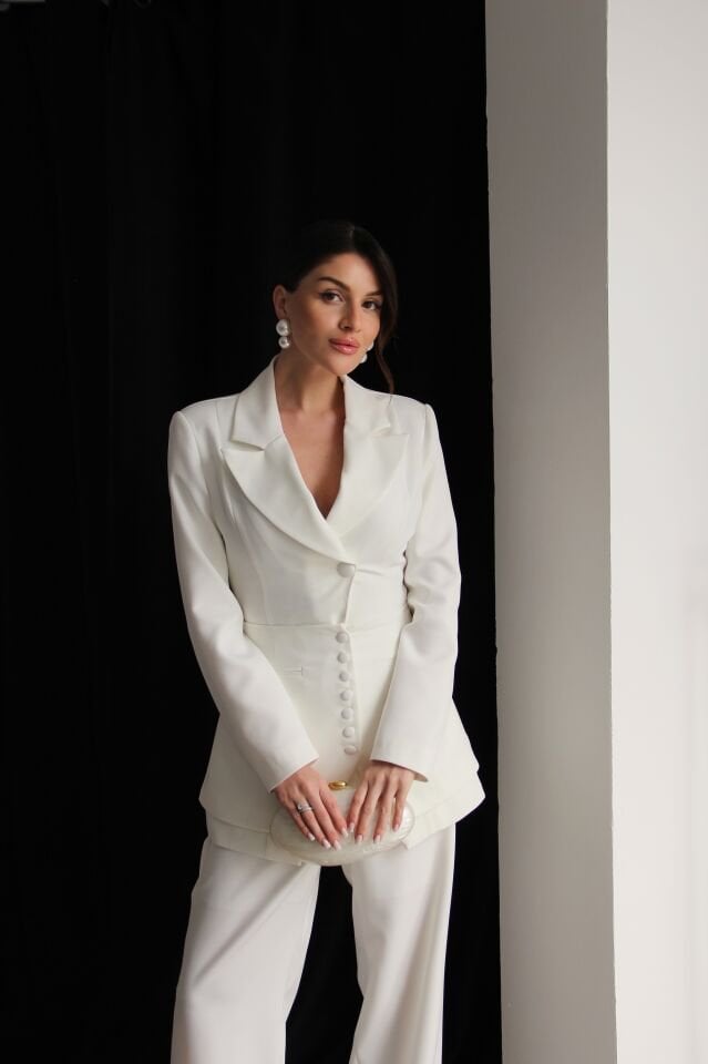 Korseli Belden Oturtmalı Ceket ve Palazzo Pantolon Premium 3'lü Takım