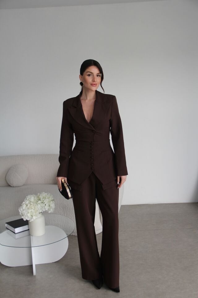 Kahve Korseli Belden Oturtmalı Ceket ve Palazzo Pantolon Premium 3'lü Takım