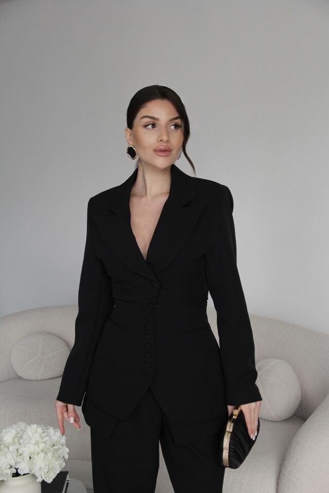 Siyah  Korseli Belden Oturtmalı Ceket ve Palazzo Pantolon Premium 3'lü Takım