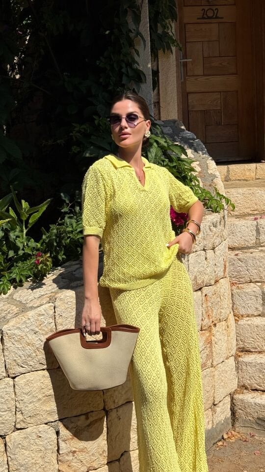 Sarı Bluz Pantolon Alt Üst Premium Ajurlu Plaj Takım