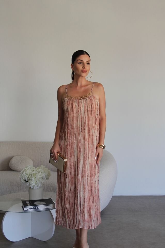 Askılı Gold Metal Halka Detaylı Astarlı Şifon Elbise