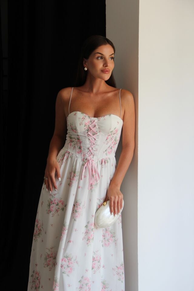 Korse Detaylı Çiçek Desenli Şifon Elbise