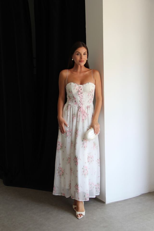 Gloplu(Destekli) Çiçek Desenli Korse Detayli Maxi Sifon Elbise