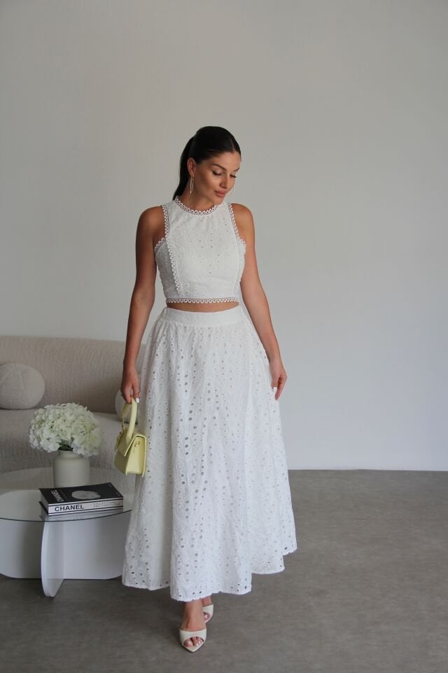 Brode Kumaş Dantel Detaylı Crop Bluz ve Maxi Uzun Etek Alt Üst Premium Takım