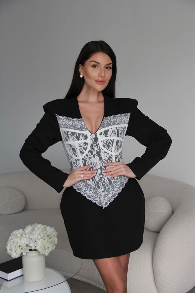 V Yaka Dantel Detaylı Vatkalı Tasarım Premium Mini Elbise