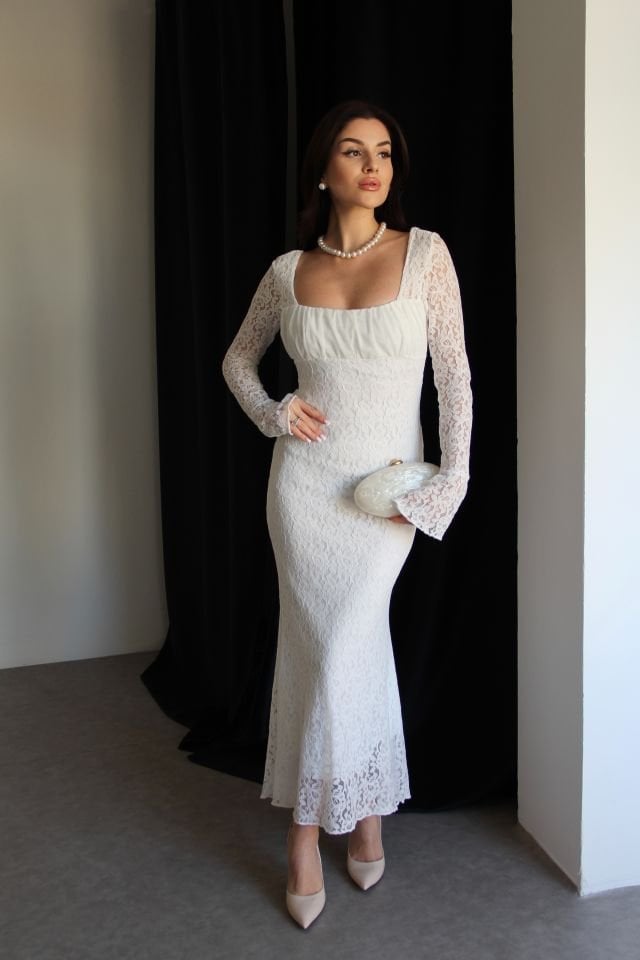 Tül Yaka Astarlı Maxi Uzun Boy Premium Tasarım Dantel Elbise