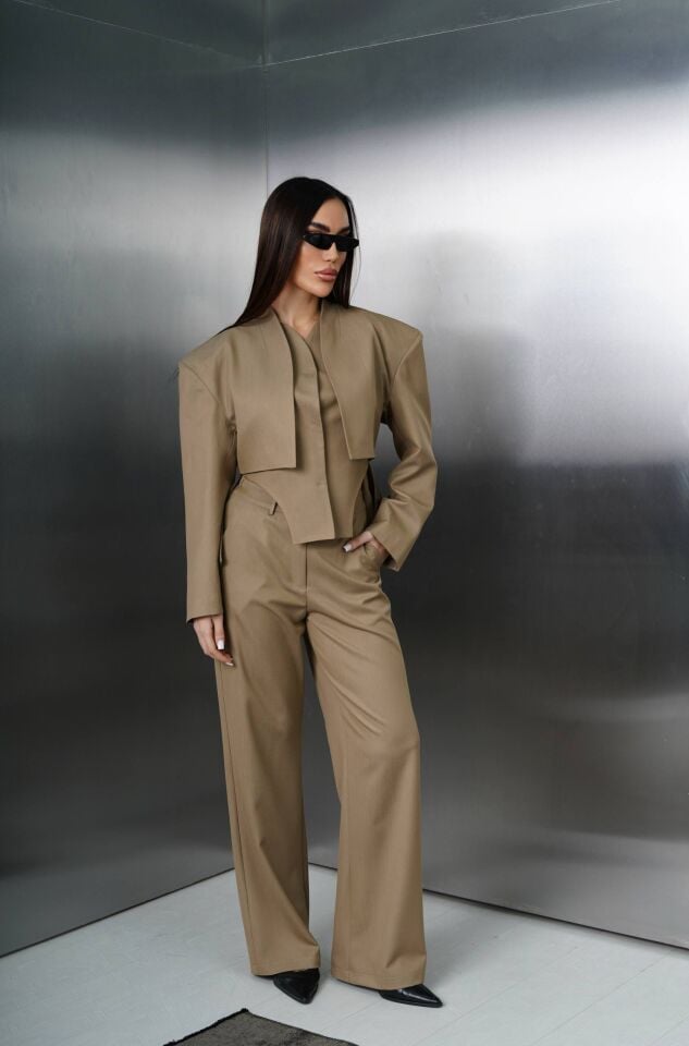 Bej Vatkalı Astarlı Ceket ve Pantolon Alt Üst Tasarım Premium Takım