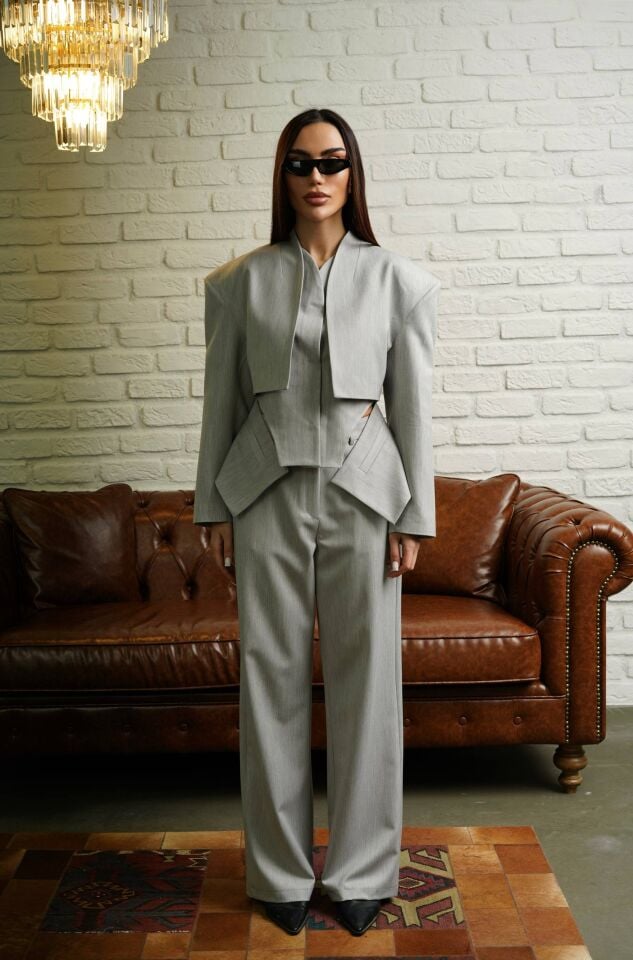 Gri Vatkalı Astarlı Ceket ve Pantolon Alt Üst Tasarım Premium Takım