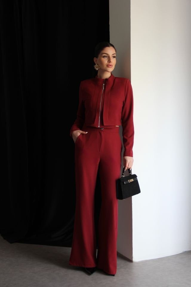 Bordo Vatkalı Fermuarlı Crop Ceket ve Pantolon Alt Üst Premium Takım Elbise