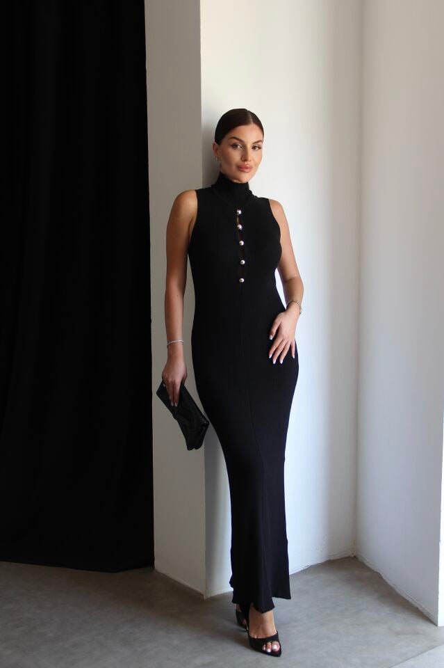 Siyah Fitilli Maxi Boy Triko Elbise