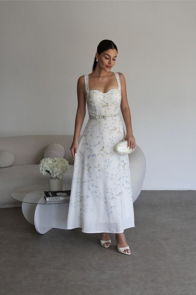 Askılı Straplez Yaka Desenli Metal Gold Kemerli Midi Boy Premium Tasarım Keten Elbise