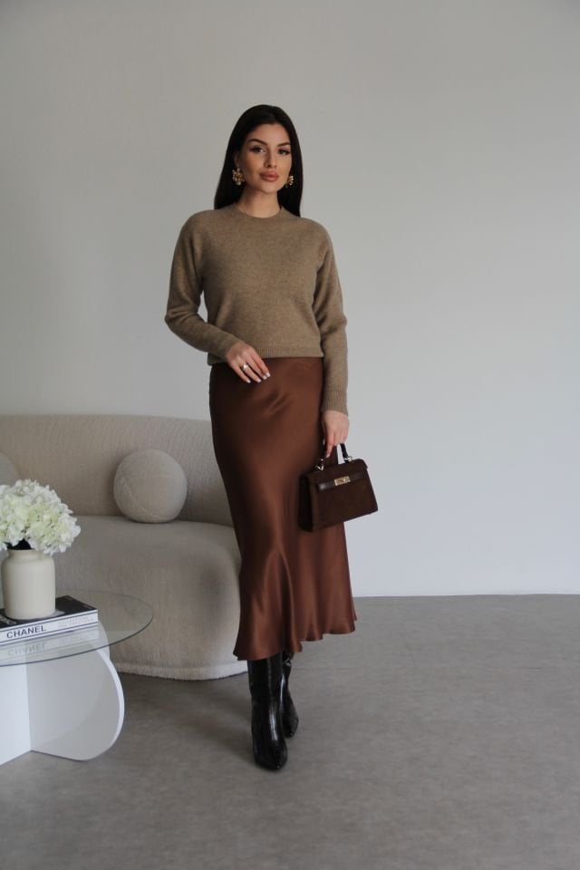 Acı Kahve Verev Kesim Beli Lastikli Midi Boy Premium Saten etek