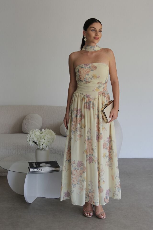 Sarı Desenli Fularlı Detaylı Astarlı Premium Şifon Elbise