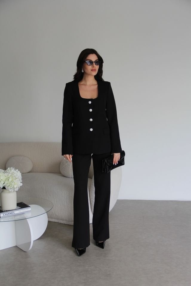 Açık Yaka Taş Düğmeli Vatkalı Blazer Ceket ve Pantolon Alt-Üst Premium Takım