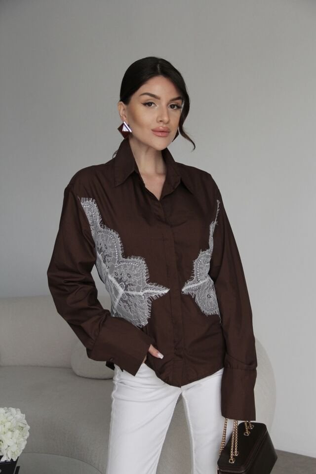 Kahve Dantel Detaylı Sırttan Bağlamalı Premium Gömlek