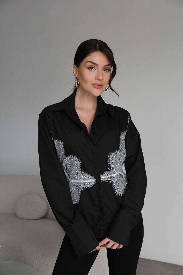 Siyah Dantel Detaylı Sırttan Bağlamalı Premium Gömlek