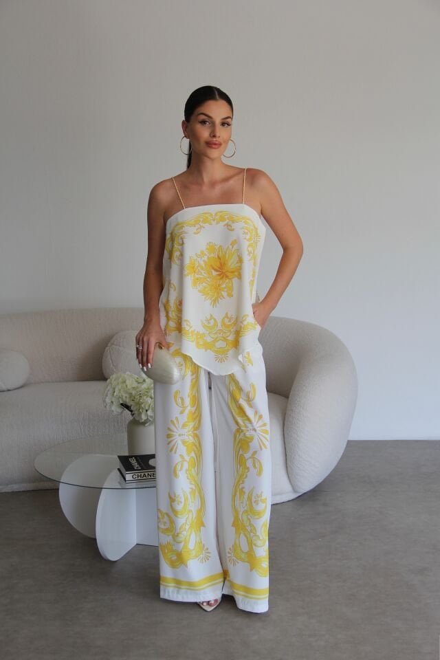 Etnik Desenli Oversize Kesim ip Askılı Crop Bluz ve Pantolon Alt Üst Premium Saten Takım