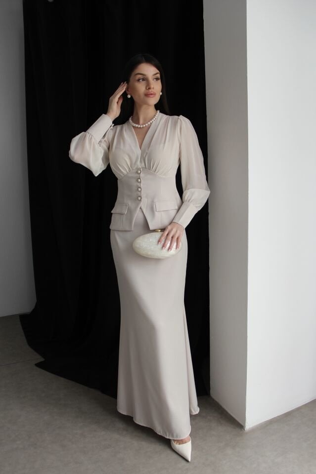 Şifon Garnili inci Düğmeli Transparan Bluz ve Maxi Etekli Alt Üst Premium Saten Takım